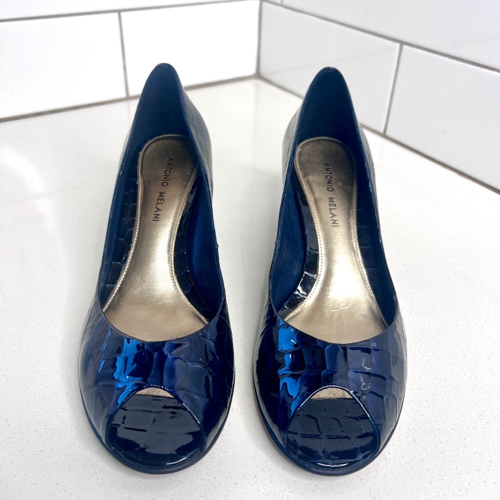 Antonio Melani Peep Toe Heels Navy Blue Patent Croc Print
